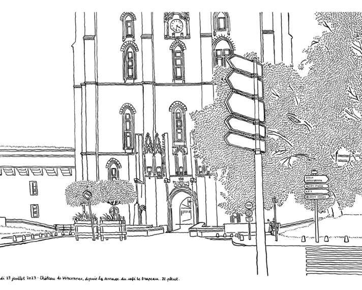 Dessin à l'encre de chine de la tour du Village